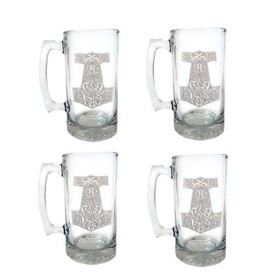 Thor's Hammer Mjolnir 27oz Clear Glass Stein Set of 4: Engraved Personalization Included