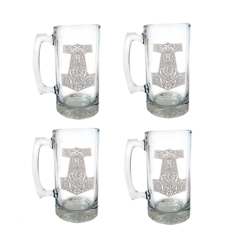Thor's Hammer Mjolnir 27oz Clear Glass Stein Set of 4: Engraved Personalization Included