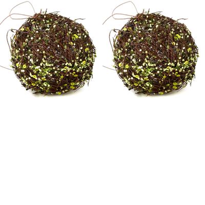 Natural Twig Balls with Green Sequin | 2 Balls | for Indoor Decor