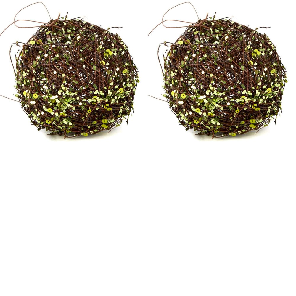 Natural Twig Balls with Green Sequin | 2 Balls | for Indoor Decor
