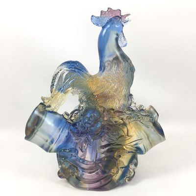 Amore Jewell Bamboo Blessing Peace & Fortune Rooster Standing on Bamboo, Colored Glaze Glass (Liuli Crystal Glass)