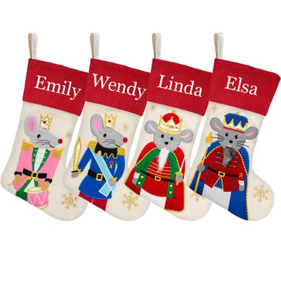 DearSun Set of 4 Personalized Christmas Stockings,Customized Stockings with Exquisite Embroidery Names, Lovely Mouse King Nutcrackers Figures, Quality Linen Stockings for Family Decor