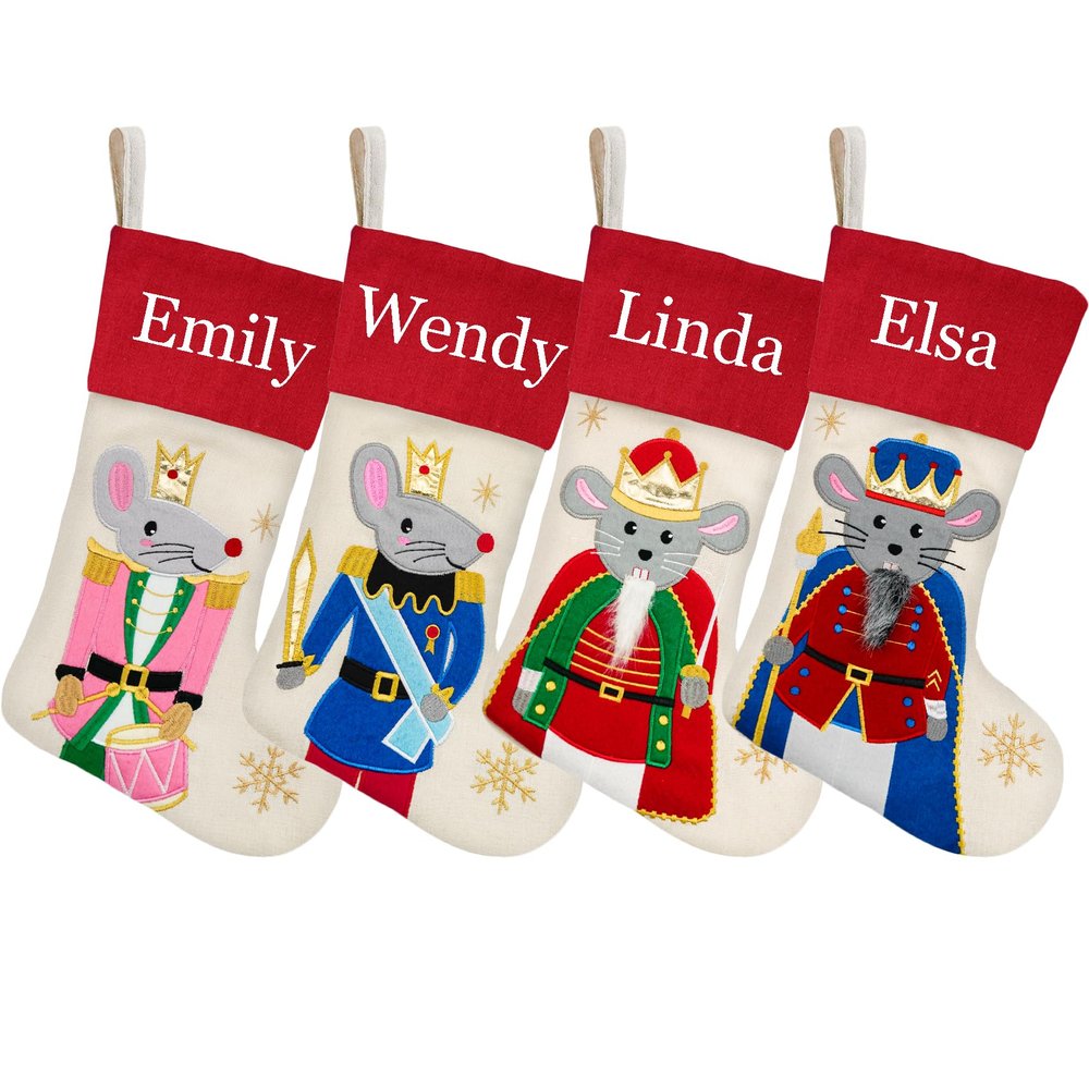 DearSun Set of 4 Personalized Christmas Stockings,Customized Stockings with Exquisite Embroidery Names, Lovely Mouse King Nutcrackers Figures, Quality Linen Stockings for Family Decor