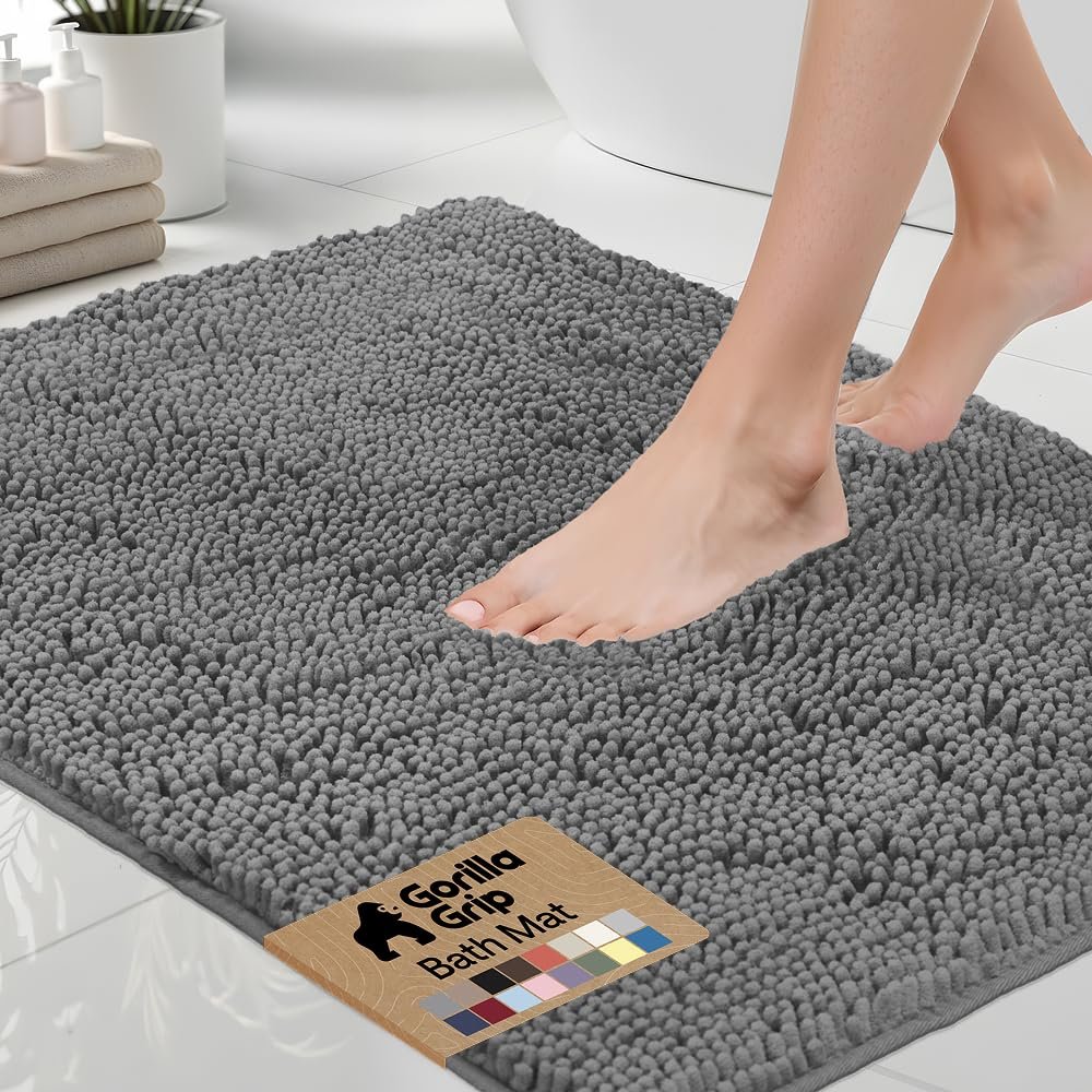 GORILLA GRIP Bath Rug Mat 60x24, Thick Soft Absorbent Chenille, Quick Dry Microfiber Mats, Rubber Backing Washable Shower Floor Rugs, Bathmat Runner, US Designed Bathroom Home Decor Accessories Grey