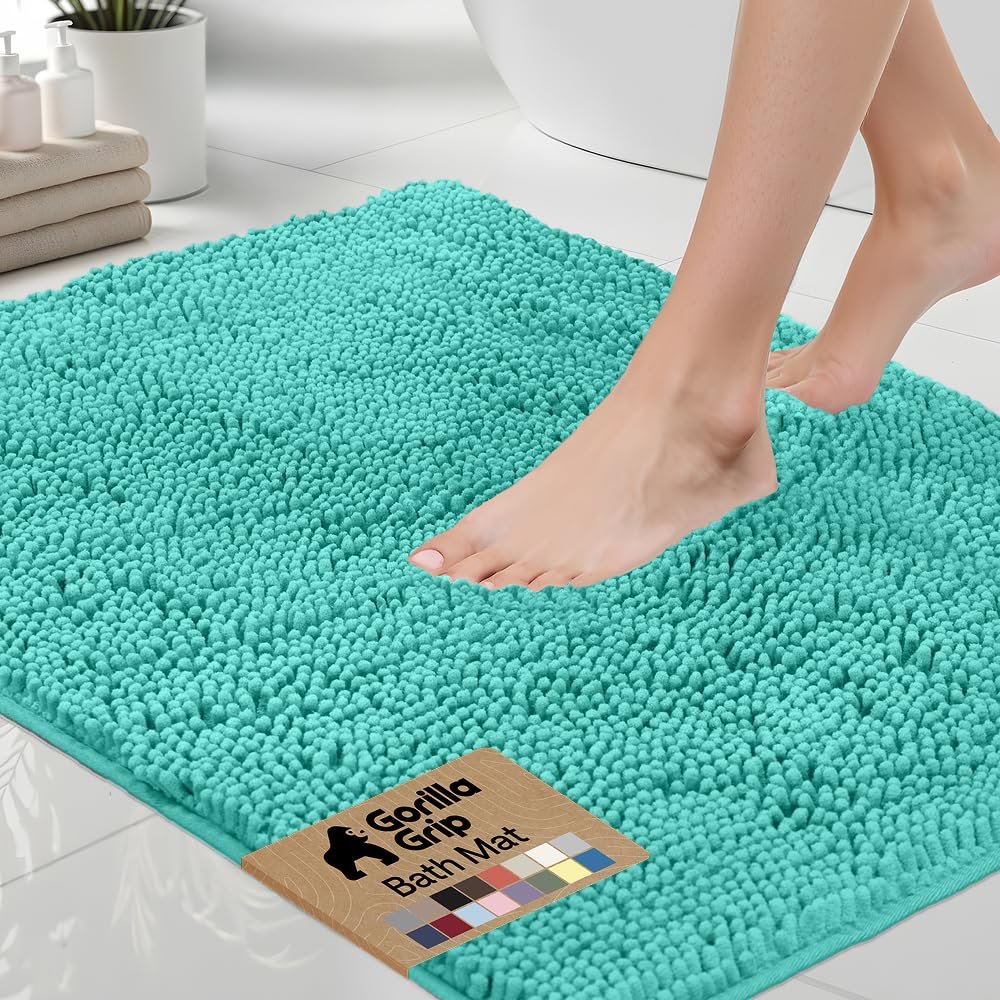 GORILLA GRIP Bath Rug Mat 60x24, Thick Soft Absorbent Chenille, Quick Dry Microfiber Mats, Rubber Backing Machine Washable Shower Floor Rugs, Bathmat Runner, Bathroom Home Decor Accessories, Turquoise