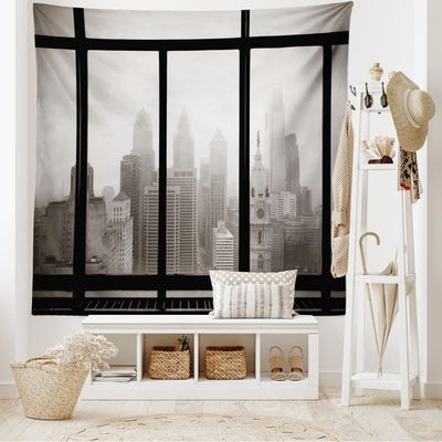 Ambesonne City Tapestry King Size, Philadelphia City Rooftop View Through Window Skyline Landmark Rooftop Travel, Wall Hanging Bedspread Bed Cover Wall Decor, 104" X 88", Grey Black