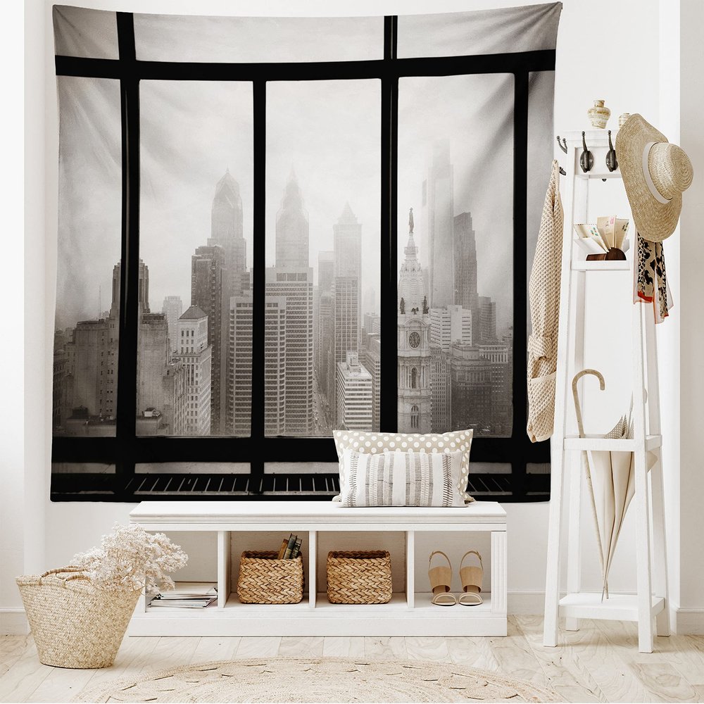 Ambesonne City Tapestry King Size, Philadelphia City Rooftop View Through Window Skyline Landmark Rooftop Travel, Wall Hanging Bedspread Bed Cover Wall Decor, 104" X 88", Grey Black
