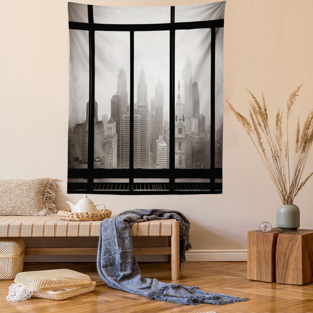 Ambesonne City Tapestry Twin Size, Philadelphia City Rooftop View Through Window Skyline Landmark Rooftop Travel, Wall Hanging Bedspread Bed Cover Wall Decor, 68" X 88", Grey Black