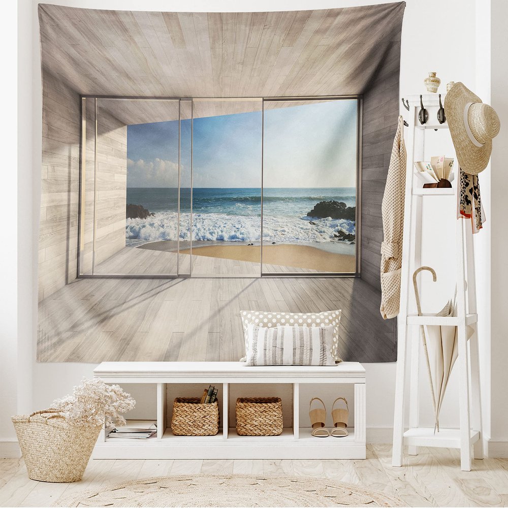 Ambesonne Modern Tapestry King Size, Empty Lounge Area Large Window and View of Sea Waves Rocks Art, Wall Hanging Bedspread Bed Cover Wall Decor, 104" X 88", Beige Blue White