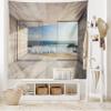 Ambesonne Modern Tapestry King Size, Empty Lounge Area Large Window and View of Sea Waves Rocks Art, Wall Hanging Bedspread Bed Cover Wall Decor, 104" X 88", Beige Blue White view 1