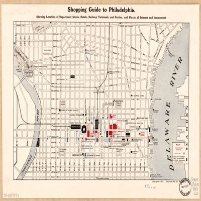 16" x 24" 1901 Map Shopping Guide to Philadelphia Showing Location Department Stores Hotels Railway Terminals & Ferries & Places Interest & Amusement