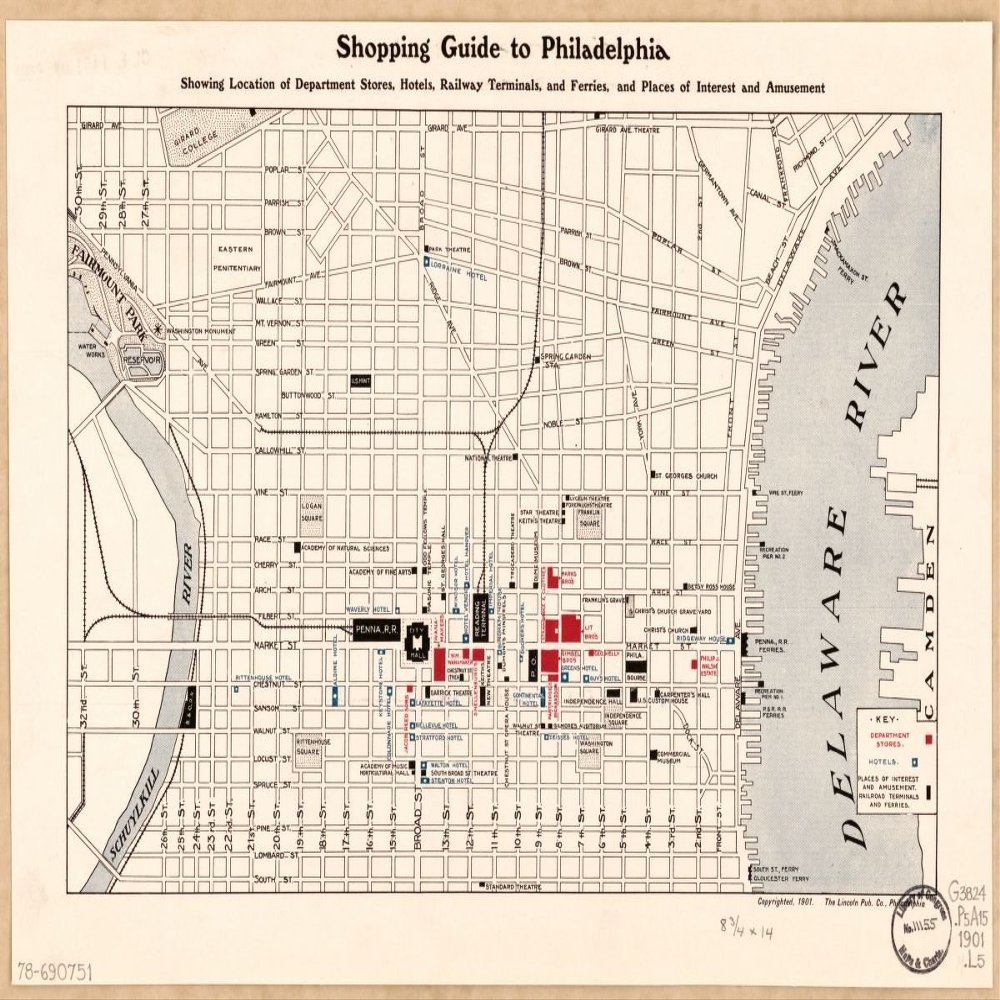 16" x 24" 1901 Map Shopping Guide to Philadelphia Showing Location Department Stores Hotels Railway Terminals & Ferries & Places Interest & Amusement
