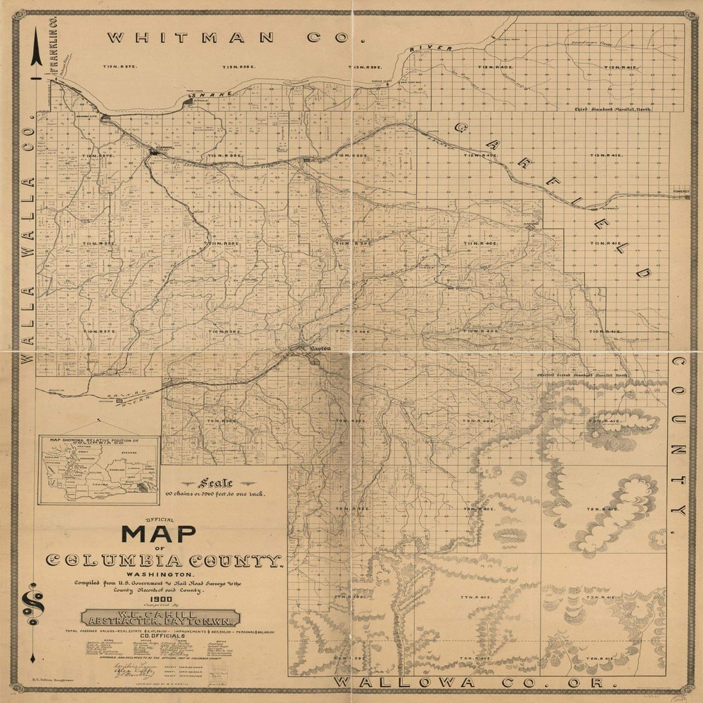 16" x 24" 1900 Official Map Columbia County Washington Compiled from U.S Government & Rail Road Surveys & The County Records Said County