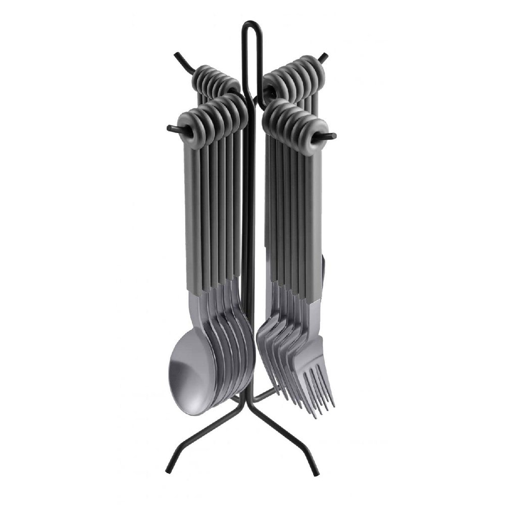 mono Ring Flatware Sets in Black, White, Blue and Grey (Grey, 24pc Set with Stand)