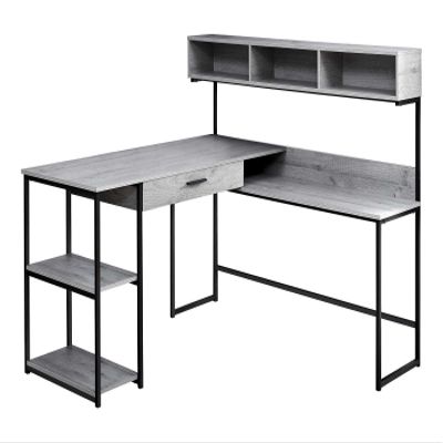 Monarch Specialties Workstation for Home & Office with Multiple Shelves and Drawer L-Shaped Corner Desk with Hutch, 60" L, Grey/Black Frame