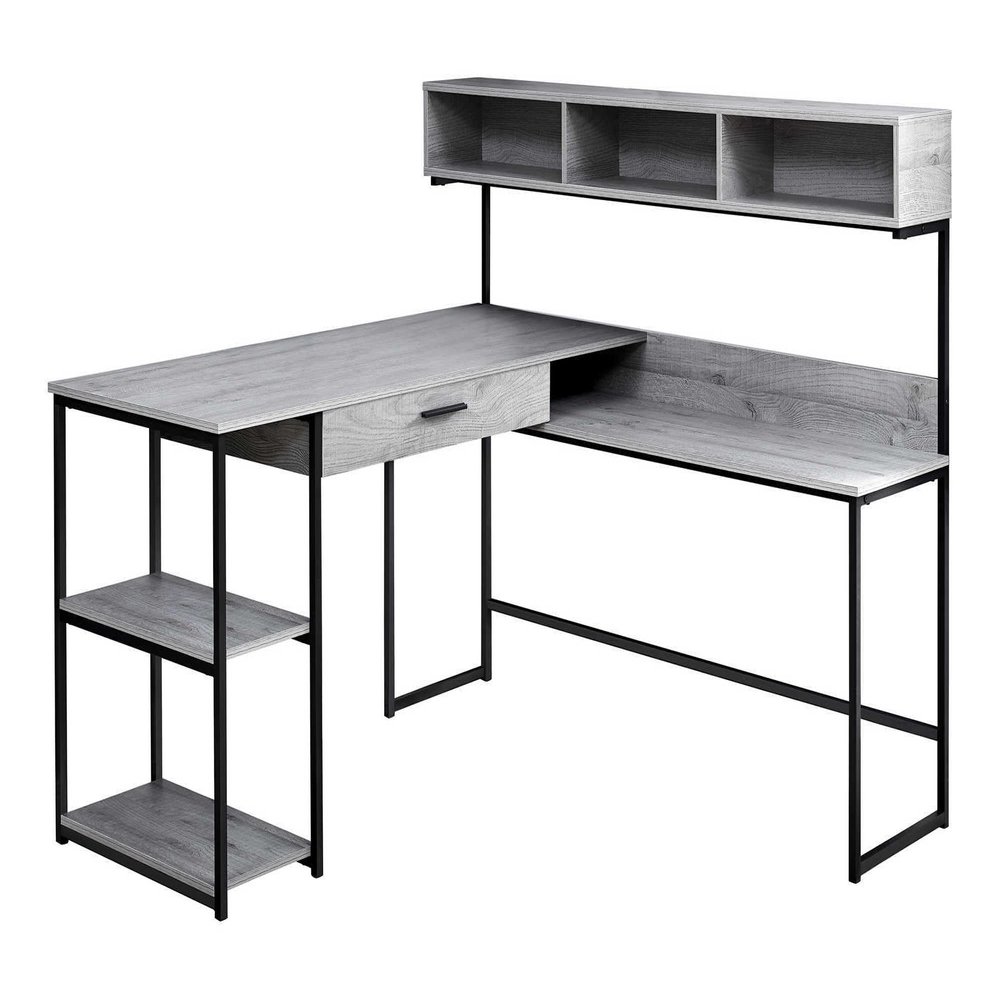 Monarch Specialties Workstation for Home & Office with Multiple Shelves and Drawer L-Shaped Corner Desk with Hutch, 60" L, Grey/Black Frame