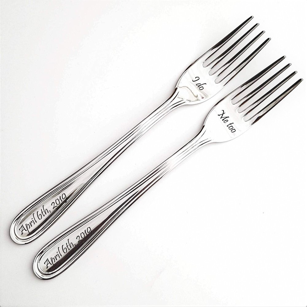 Customized wedding dining set, personalized cake forks with engraved I do Me too on the fork part and custom wedding date on the handle, unique cutlery