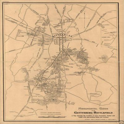 18" x 24" 1898 Map Showing The Location of Every Monument Marker & Tablet with Approaching Roads & Avenues Monumental Guide to The Gettysburg Battlefield