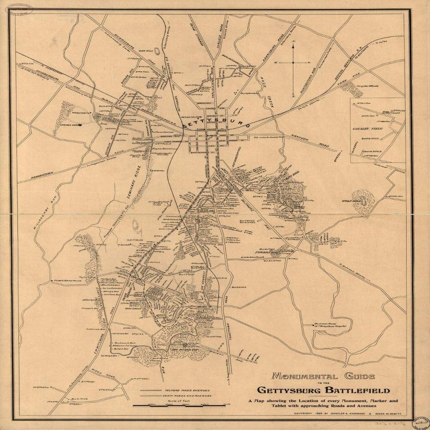 18" x 24" 1898 Map Showing The Location of Every Monument Marker & Tablet with Approaching Roads & Avenues Monumental Guide to The Gettysburg Battlefield
