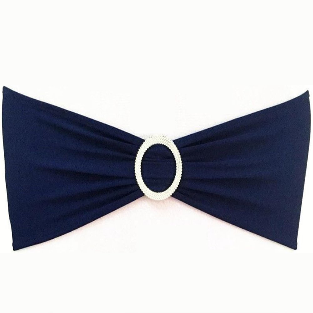 SINSSOWL Wedding Navy Blue Chair Sashes 100 Pack Spandex Chair Bands with Buckles Dark Blue Chairs Bows for Party Birthday Bridal Shower Engagement Anniversary Outdoor Event Decorations