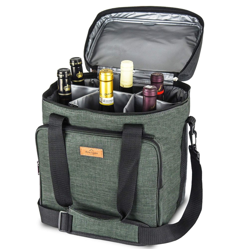 Freshore Insulated Wine Carrier 6 bottle Bag Tote Removable Padded Divider - Portable Travel Padded Cooler Carrying Canvas Case Adjustable Shoulder Strap - (Dark Green)