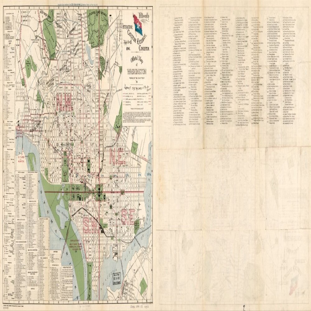 10" x 24" 1896 Official Map of Washington Fifteenth International Christian Endeavor Convention July 8-13
