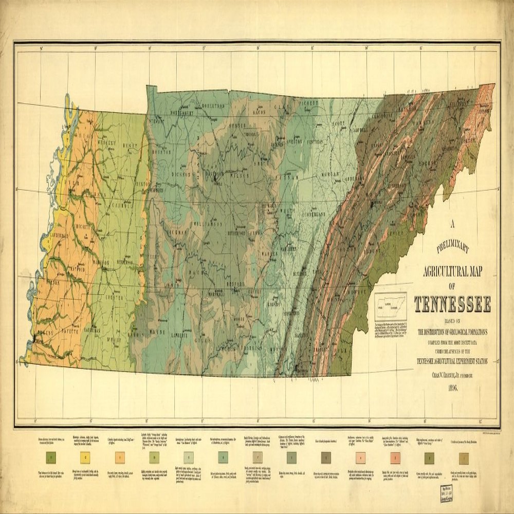 10" x 24" 1896 A Preliminary Agricultural Map of Tennessee Based On The Distribution of Geological Formations