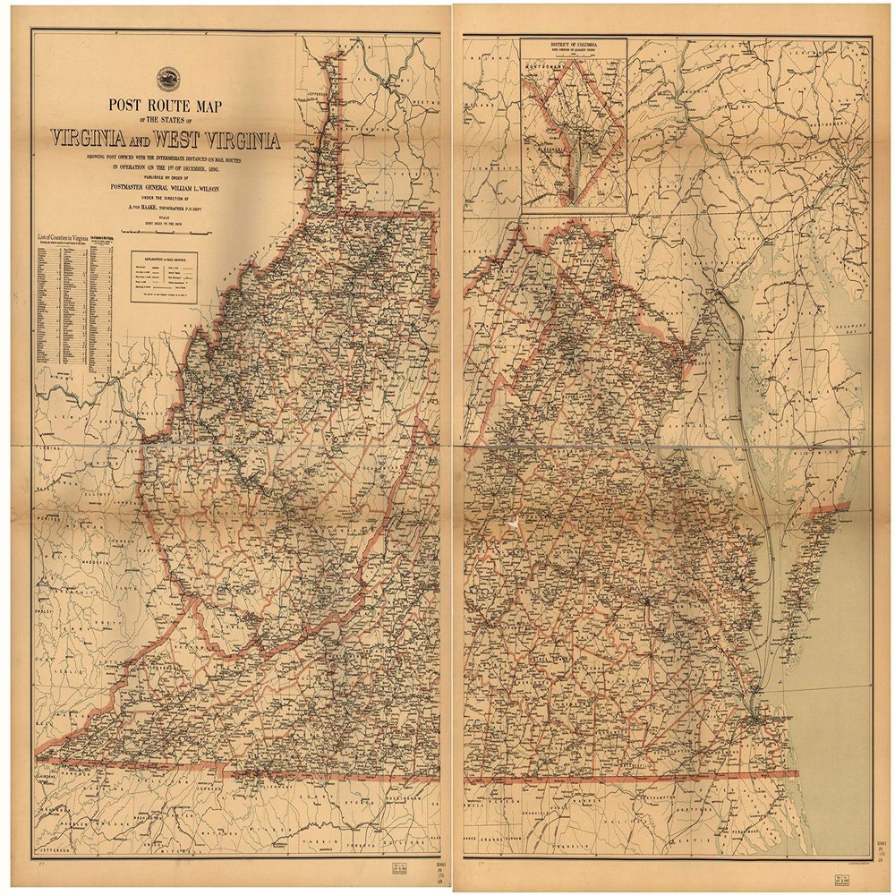 16" x 24" 1896 Post Route Map of The State of Virginia & West Virginia