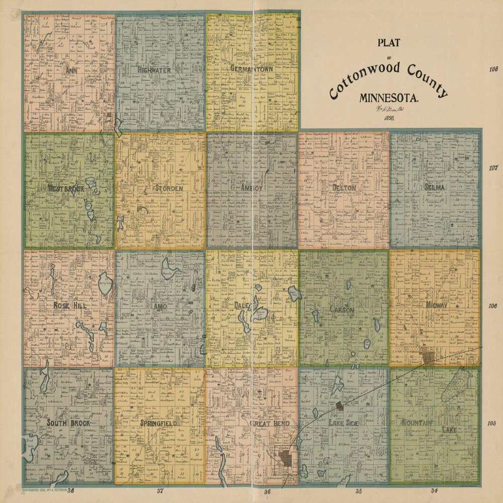 18" x 24" 1898 Map of Plat of Cottonwood County Minnesota