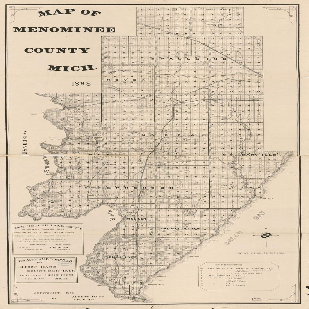 12" x 24" 1898 Map of Menominee County Michigan