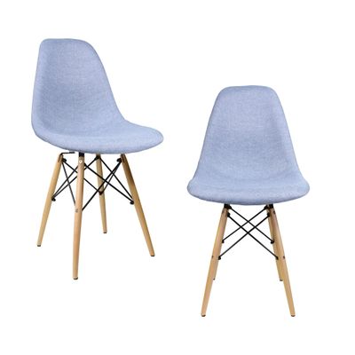 COZYBLOCK Mid-Century Modern Woven Fabric Upholstered Accent Side Dining Chair with Beech Wood Eiffel Legs Set of 2 (Denim Blue)
