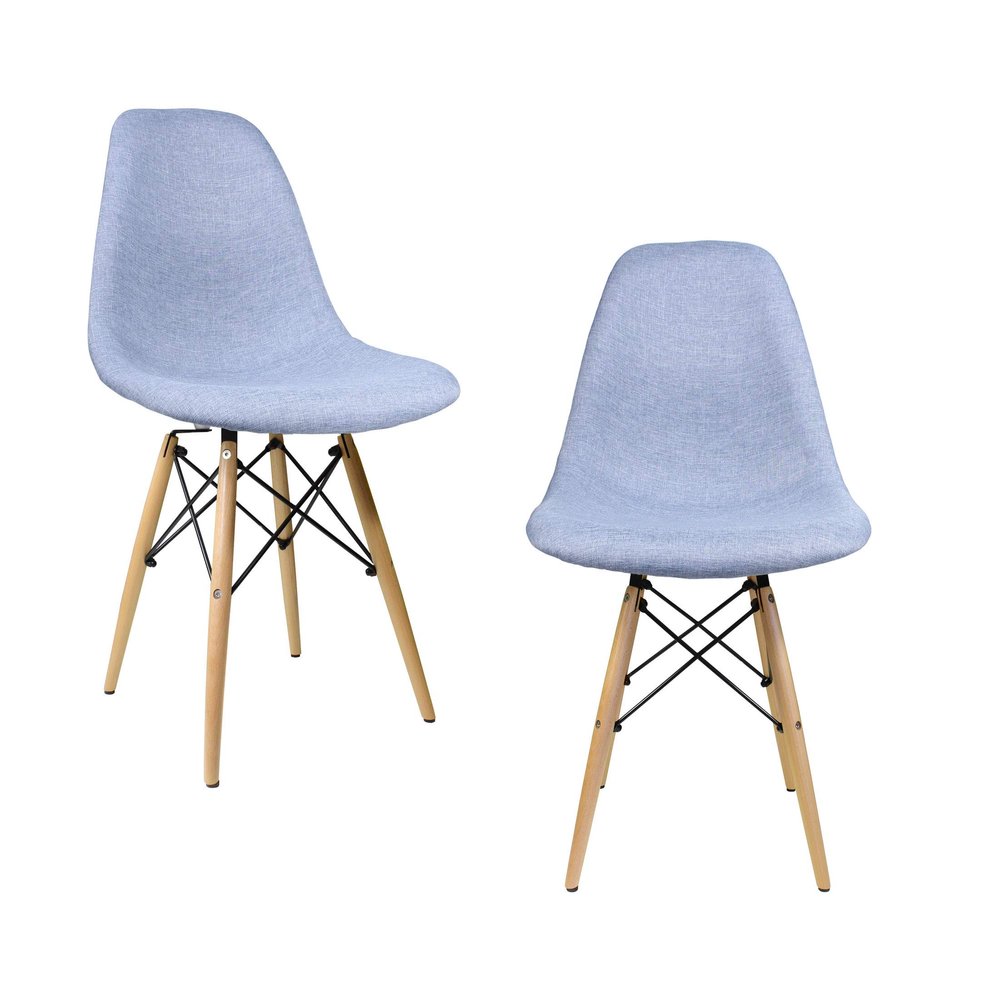 COZYBLOCK Mid-Century Modern Woven Fabric Upholstered Accent Side Dining Chair with Beech Wood Eiffel Legs Set of 2 (Denim Blue)