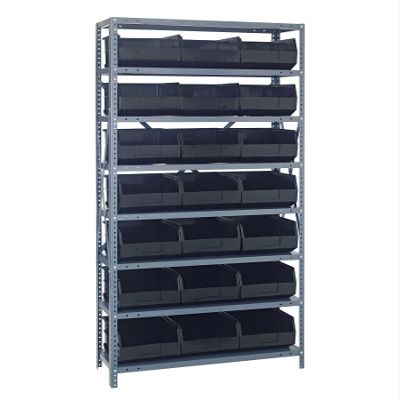 Quantum 1275-445BK Heavy Duty Shelving Unit with (8) Shelves and (21) SSB445 Black Bins for Garage Warehouse Storage Distribution | 400 lb Load Capacity | 12"D x 36"L x 75"H, Galvanized Carbon Steel