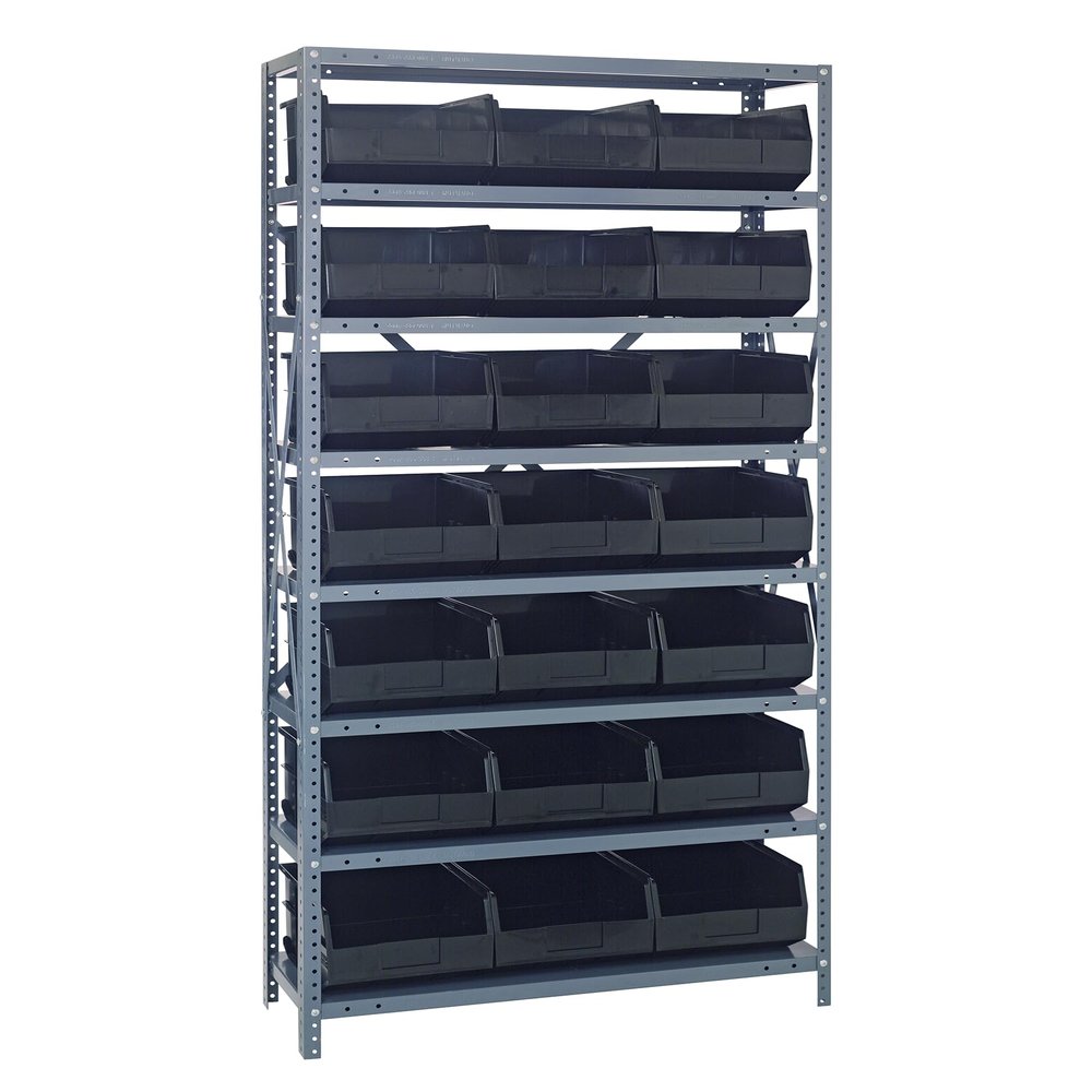 Quantum 1275-445BK Heavy Duty Shelving Unit with (8) Shelves and (21) SSB445 Black Bins for Garage Warehouse Storage Distribution | 400 lb Load Capacity | 12"D x 36"L x 75"H, Galvanized Carbon Steel
