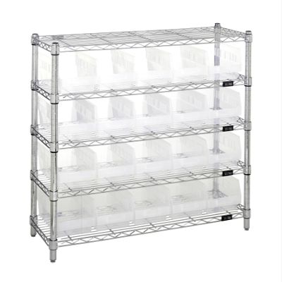 Quantum WR5-39-1236-202CL Wire Shelving Unit with (4) Shelves and (20) QSB202 Clear Bins for Industrial Storage Distribution | 800 lbs Capacity | 36"L x 12"D x 74"H, Chrome Plated Finish, Carbon Steel