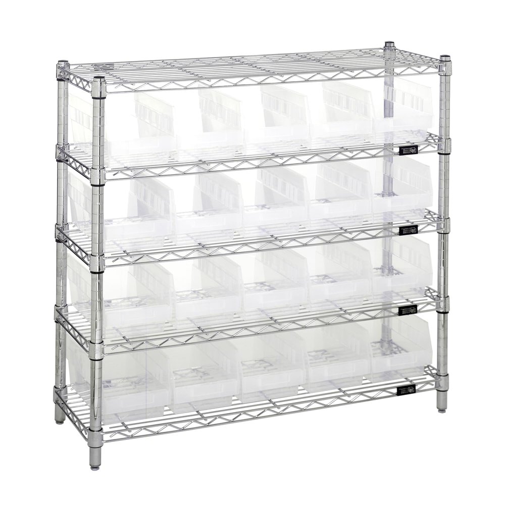 Quantum WR5-39-1236-202CL Wire Shelving Unit with (4) Shelves and (20) QSB202 Clear Bins for Industrial Storage Distribution | 800 lbs Capacity | 36"L x 12"D x 74"H, Chrome Plated Finish, Carbon Steel