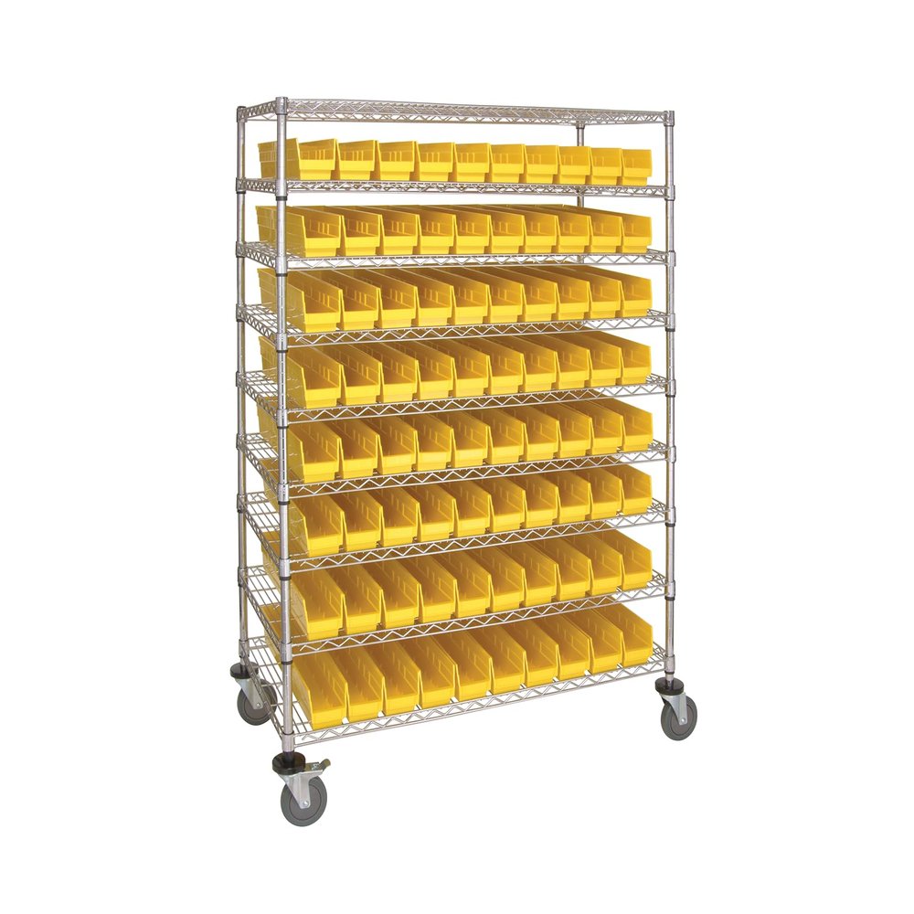 Quantum Storage Systems WRC9-63-2448-105YL Wire Heavy Duty Wheels 9 Shelves 80 Economy Yellow Bins 69" H x 48" W x 24" D