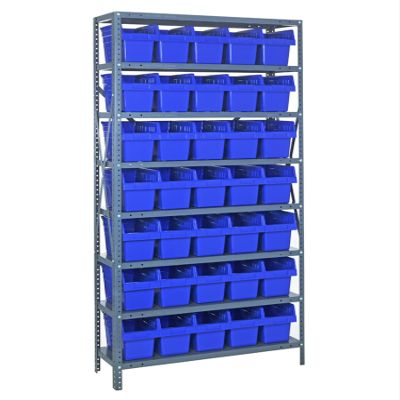 Quantum 1875-SB804BL Heavy Duty Shelving Unit with (8) Shelves and (35) SSB804 Blue Bins for Industrial Warehouse Storage Distribution | 400 lbs Capacity | 18"D x 36"L x 75"H, Galvanized Carbon Steel