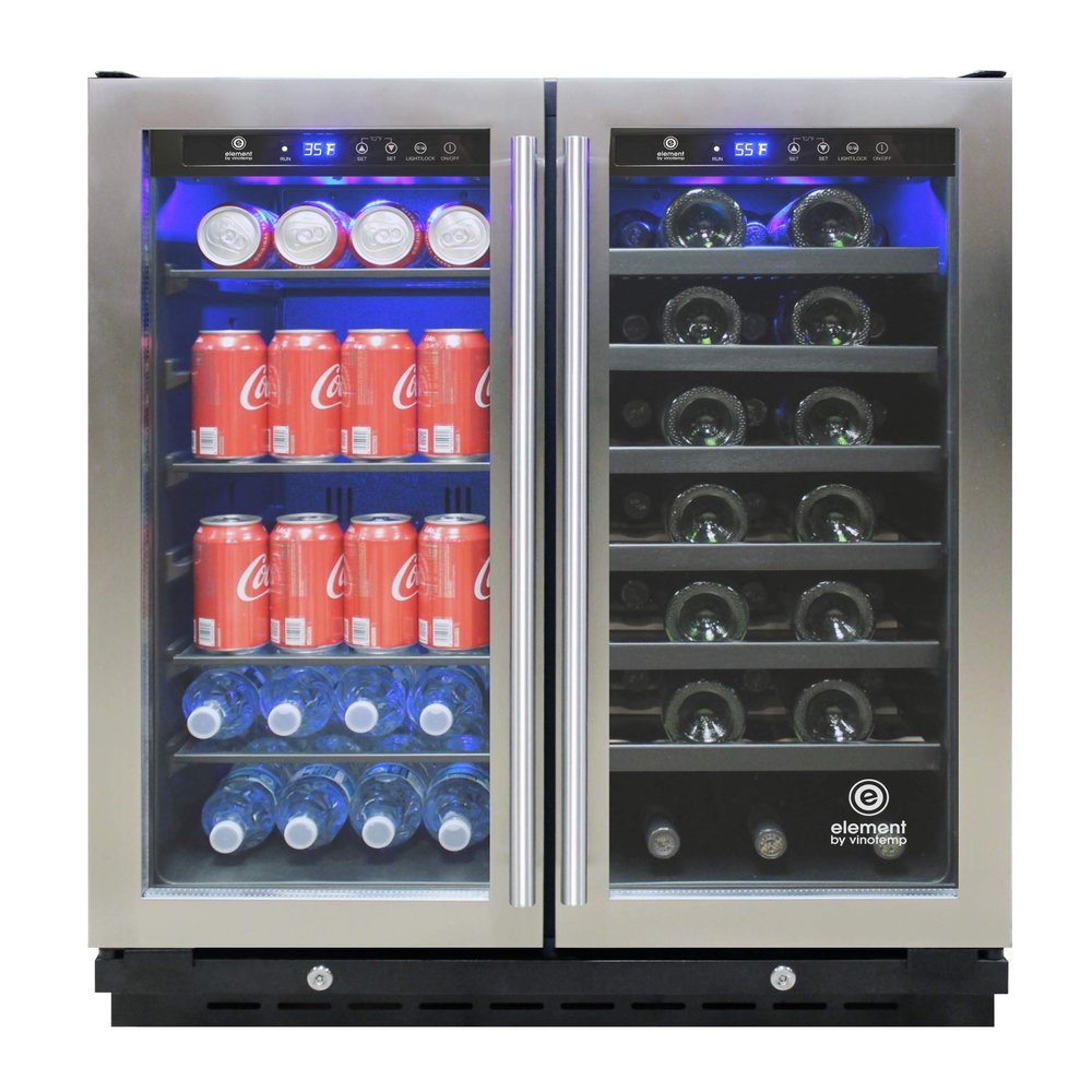Vinotemp Wine and Beverage Cooler Refrigerator Dual Zone 19 in. Drink Fridge for Bottles and Cans, Adjustable Temperature Control with Glass Doors, 33 Bottle & 101 Can, Stainless Steel