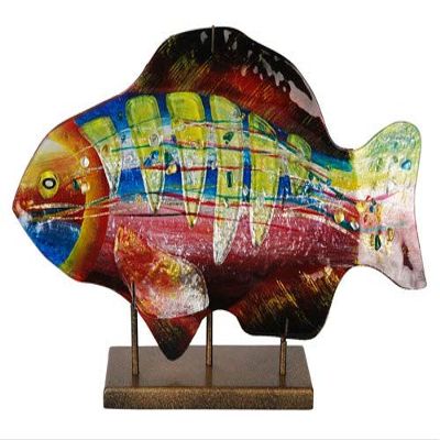 Jasmine Art Glass 18" Lime Gills Fish Sculpture, Gold Kissed Stand