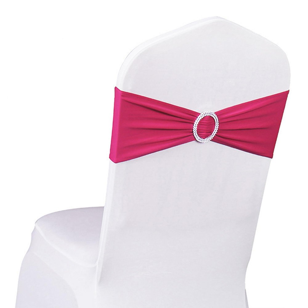 SINSSOWL Pack of 50 Spandex Hot Pink Chair Sashes for Wedding Fuchsia Chair Bows Sashes Bands Buckles Fitting Birthday Party Events Engagement Anniversary Bridal Shower Baby Shower Decoration