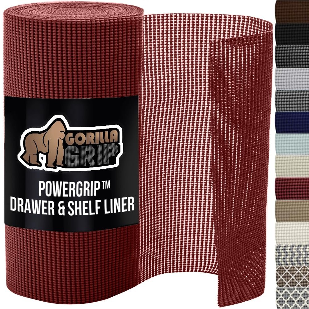 GORILLA GRIP powerGRIP Drawer Shelf and Cabinet Liner, Thick Strong Hold, Non-Adhesive Liners Protect Kitchen Cabinets and Cupboard, Bathroom Drawers, Easy Install, Breathable Mat, 12" x20', Red