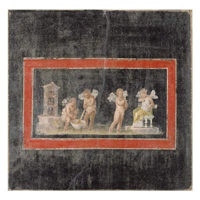 Global Gallery Fresco Fragment with Cupids and Psyche Making Perfume-Paper Art-26"x22"