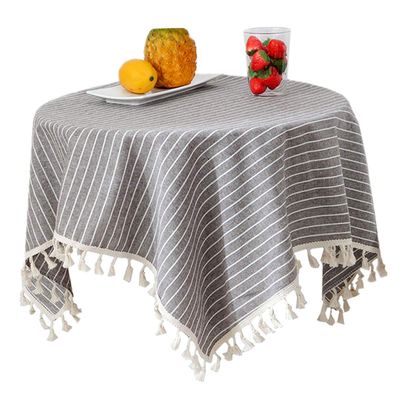 Cotton Linen Stripe Tassel Tablecloth Rectangular Table Cloth for Kitchen Dining Room Home Tabletop Decoration 55 x 86 Inch Grey Stripe