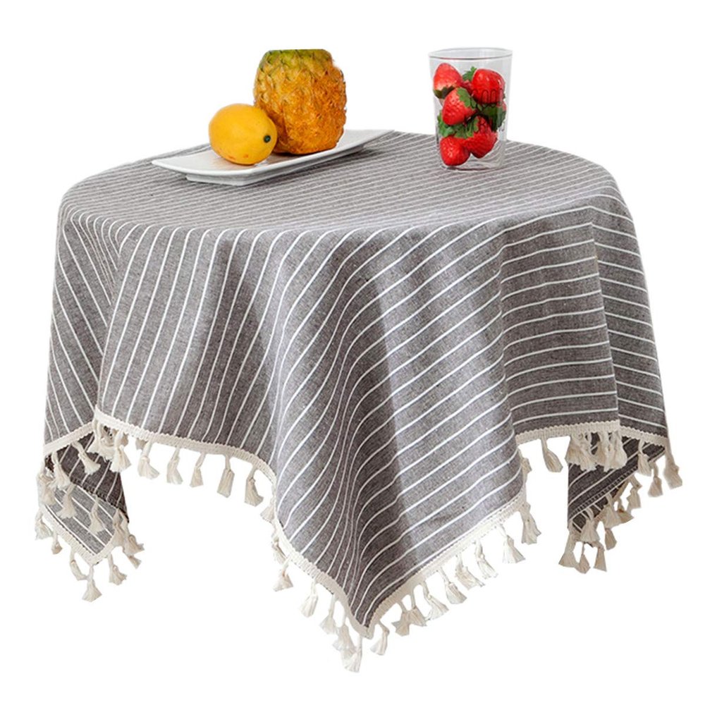 Cotton Linen Stripe Tassel Tablecloth Rectangular Table Cloth for Kitchen Dining Room Home Tabletop Decoration 55 x 86 Inch Grey Stripe