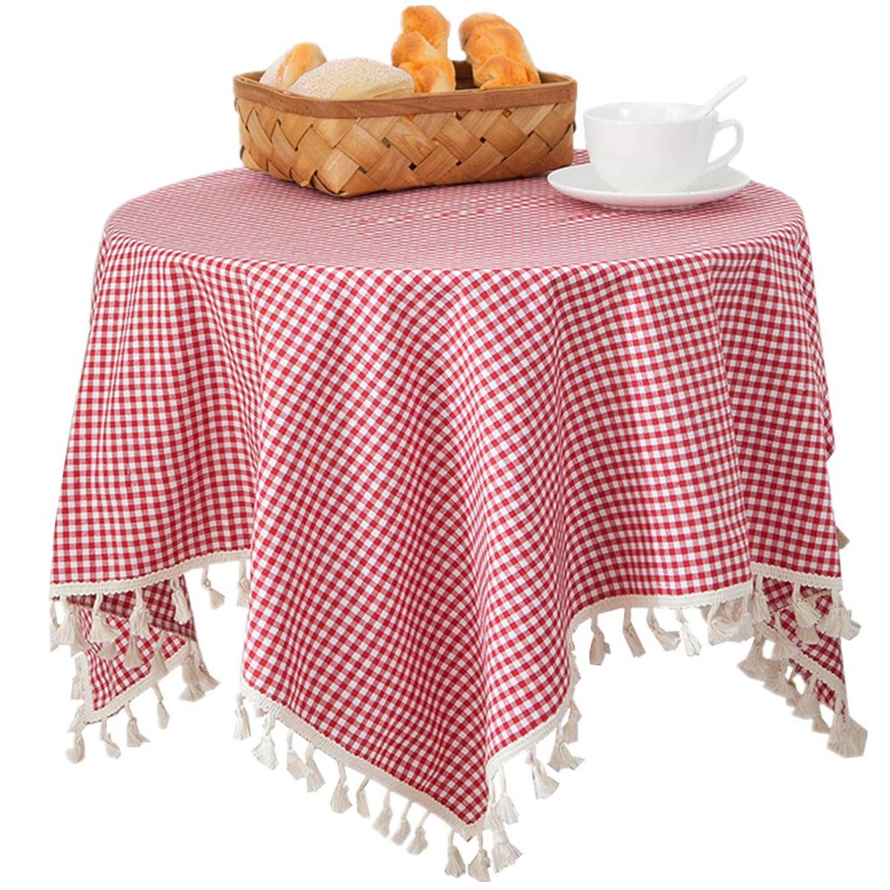 Cotton Linen Grid Tassel Tablecloth Rectangular Table Cloth for Kitchen Dining Room Home Tabletop Decoration 55 x 86 Inch Red Checkered