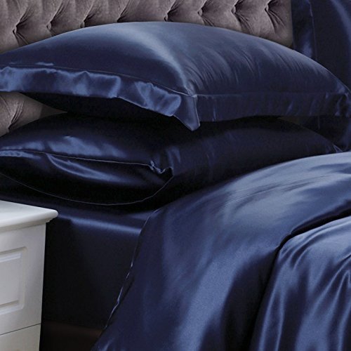 Taj Linens 100% Pure Silk Satin Sheet Set 7pcs, Silk Fitted Sheet 15'' Deep Pocket,Silk Flat Sheet,Silk Duvet Cover & Pillowcases Set !!! King, Navy Blue