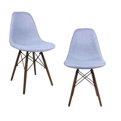 COZYBLOCK Mid-Century Modern Woven Fabric Upholstered Accent Side Dining Chair with Dark Walnut Wood Eiffel Legs Set of 2 (Denim Blue)
