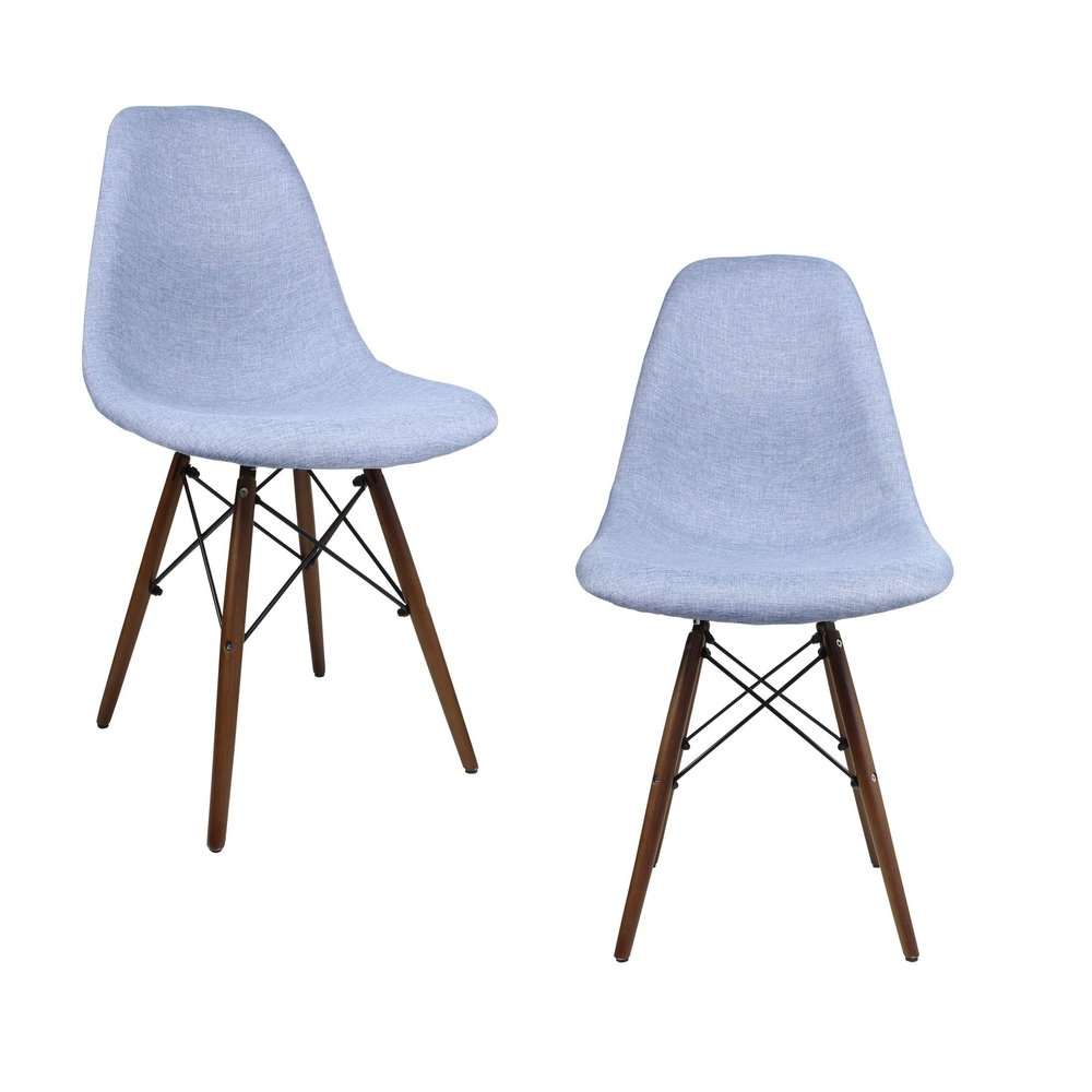 COZYBLOCK Mid-Century Modern Woven Fabric Upholstered Accent Side Dining Chair with Dark Walnut Wood Eiffel Legs Set of 2 (Denim Blue)
