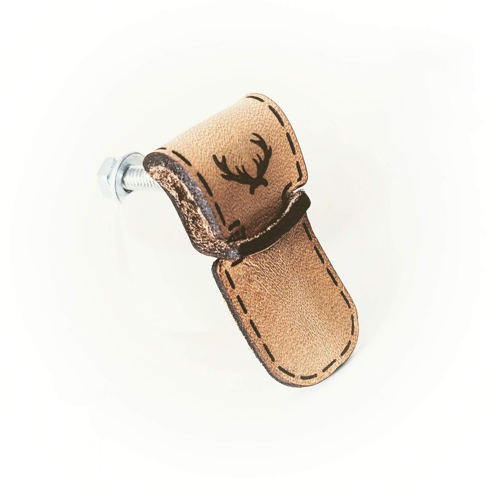 5 Pieces - Genuine Leather Handles for DIY - Deer Logo [A6] - Pull Screw knobs for Drawers, Binders, Cupboard and Handmade Items, Shabby Chic Vintage Leather Handle
